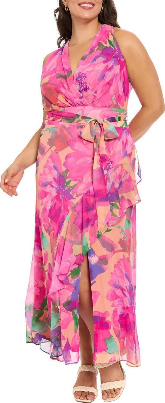 NEW LONDON TIMES floral chiffon halter maxi dress in pink peach